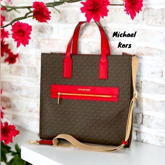 MICHAEL KORS NWT KENLY FLAME RED BROWN SIGNATURE LARGE TOTE CROSSBODY BAG - Picture 1 of 12